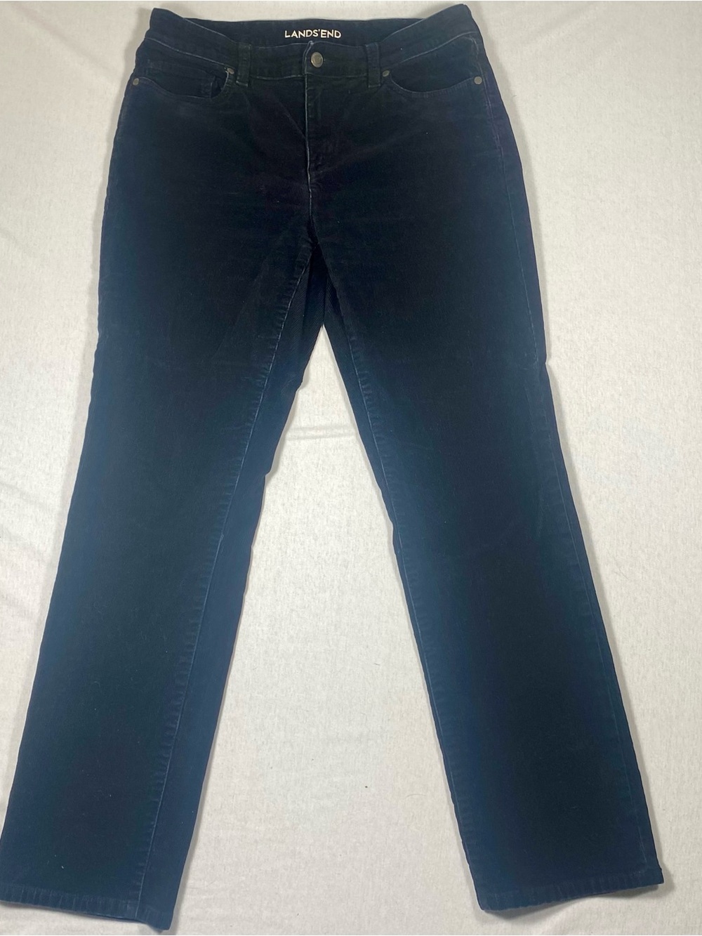 Lands’ End Black Corduroy Straight Leg Pants Size 8 Mid Rise Stretch